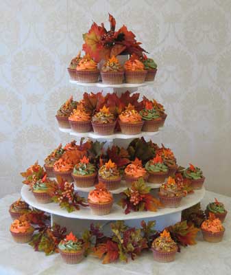 Wedding Cupcake Tree iced in Fall colors amp; topped with Fall Leaves 